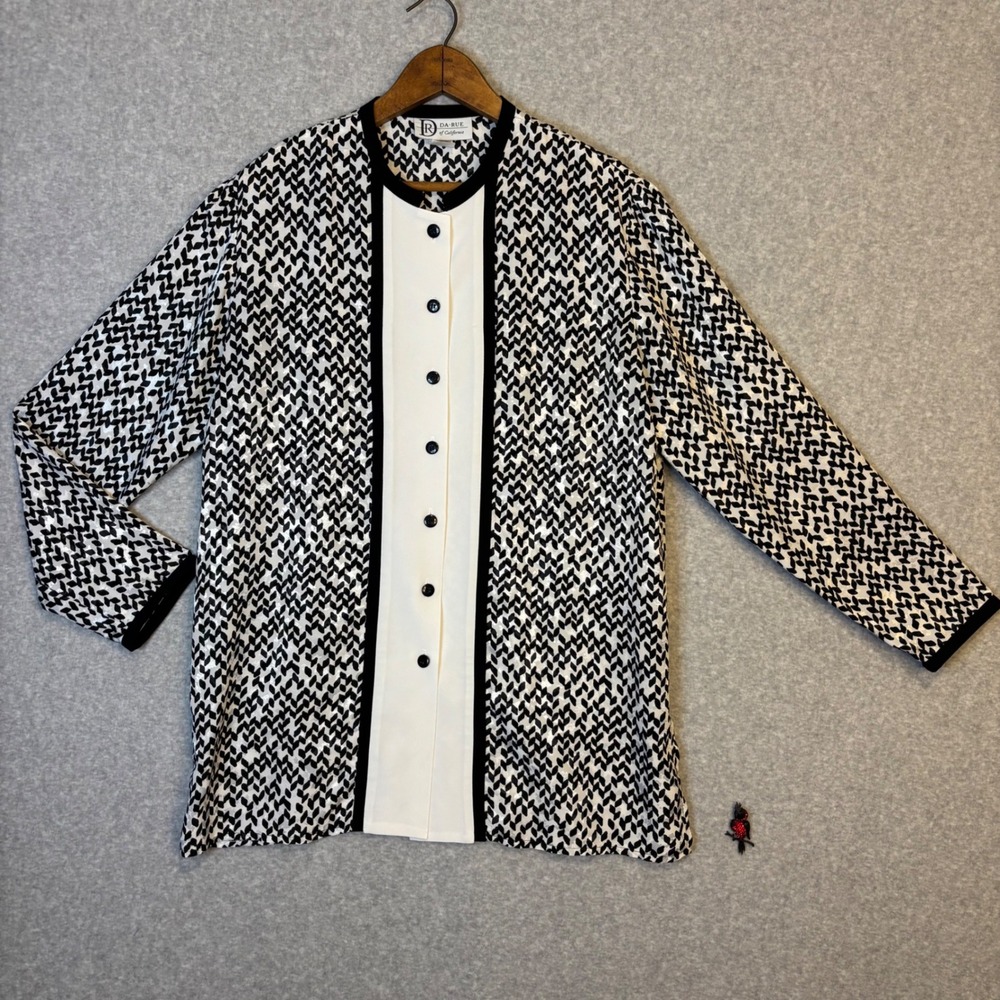 Vintage Da Rue Cali Women's 16 Black White Geometric Print Button Down Blouse‎